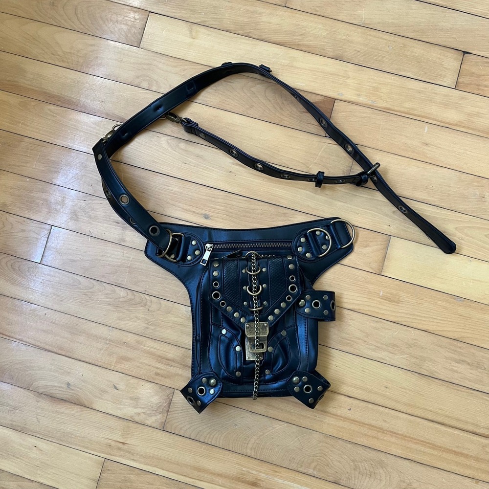 Black Steampunk Bag Faux Leather Studded Hip Pouch Grunge Rave Emo Hardware